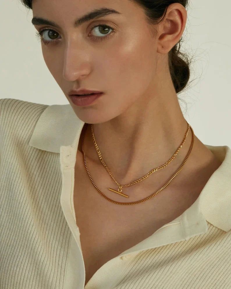 18K Gold Color Plating Figaro Cuban Chain T-bar Pendant Necklace Stainless Steel T-bar Pendant Necklace For Women