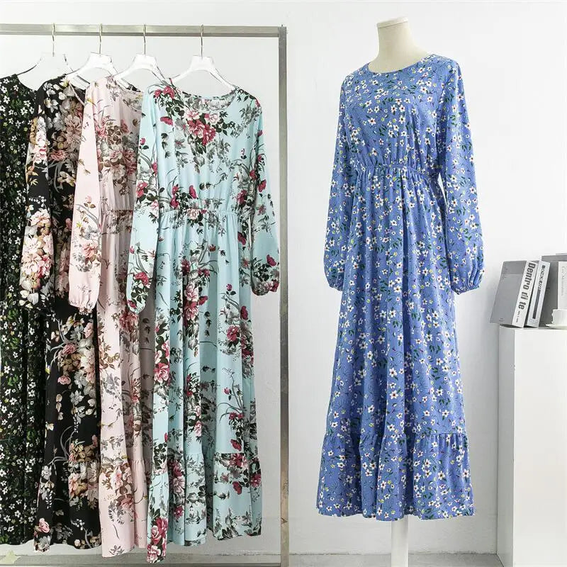 Chiffon Dress Casual Floral Printed Long Dresses Long Sleeve Loose Muslim Maxi