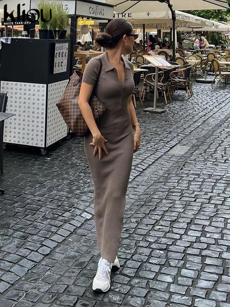 Maxi Dress Women Solid Fashion Turn-down Collar Short Sleeve Button Side Slit Body-Shaping Street Robe