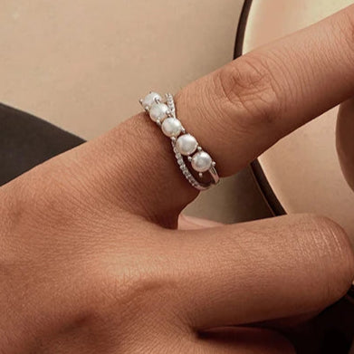 BAMOER 2025 New 925 Sterling Silver Infinity Pearl Ring, Dainty Double Layer Gold Plated Thumb Ring Wedding Engagement Jewelry