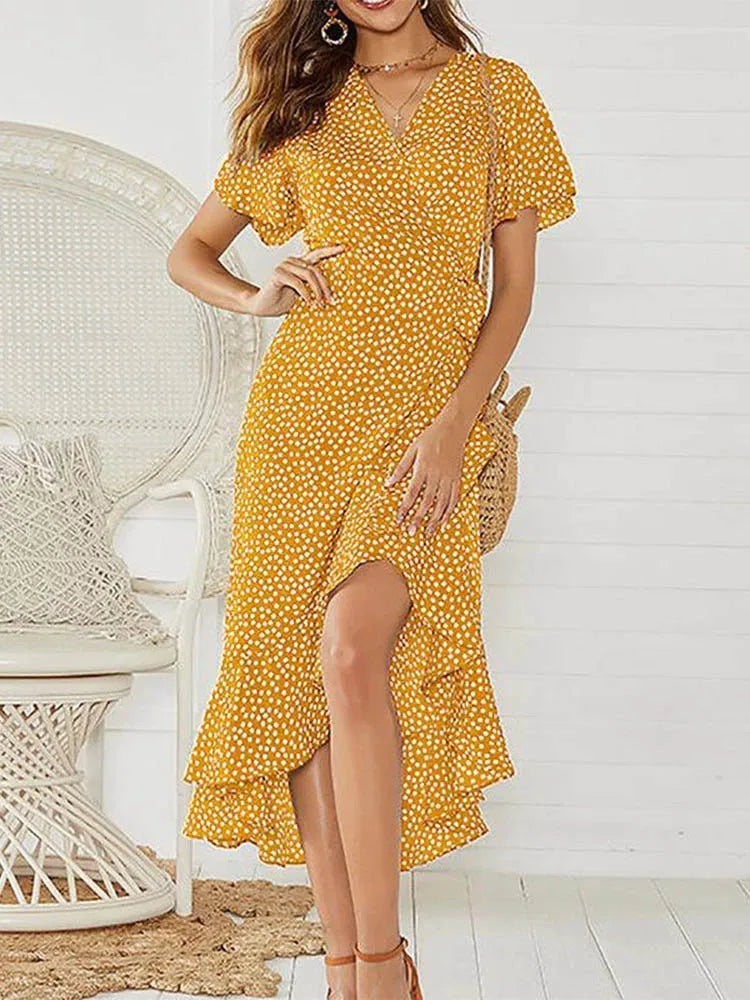 Maxi Dress Women Floral Print Boho Long Chiffon Dress Ruffles Wrap Casual V-Neck Split Sexy Party Dress Robe Femme