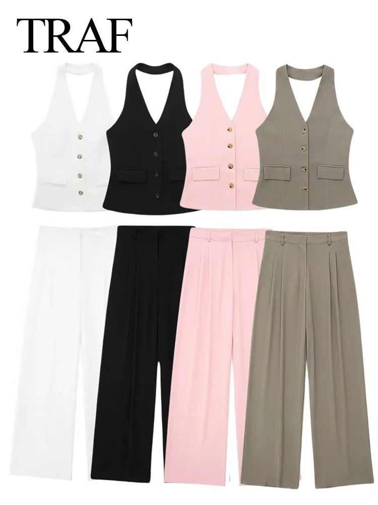 2 Piece Set Halter Neck Single-Breasted Pocket Sleeveless Halter Vest Tops+High Waist Zipper Pockets Wide Leg Pant