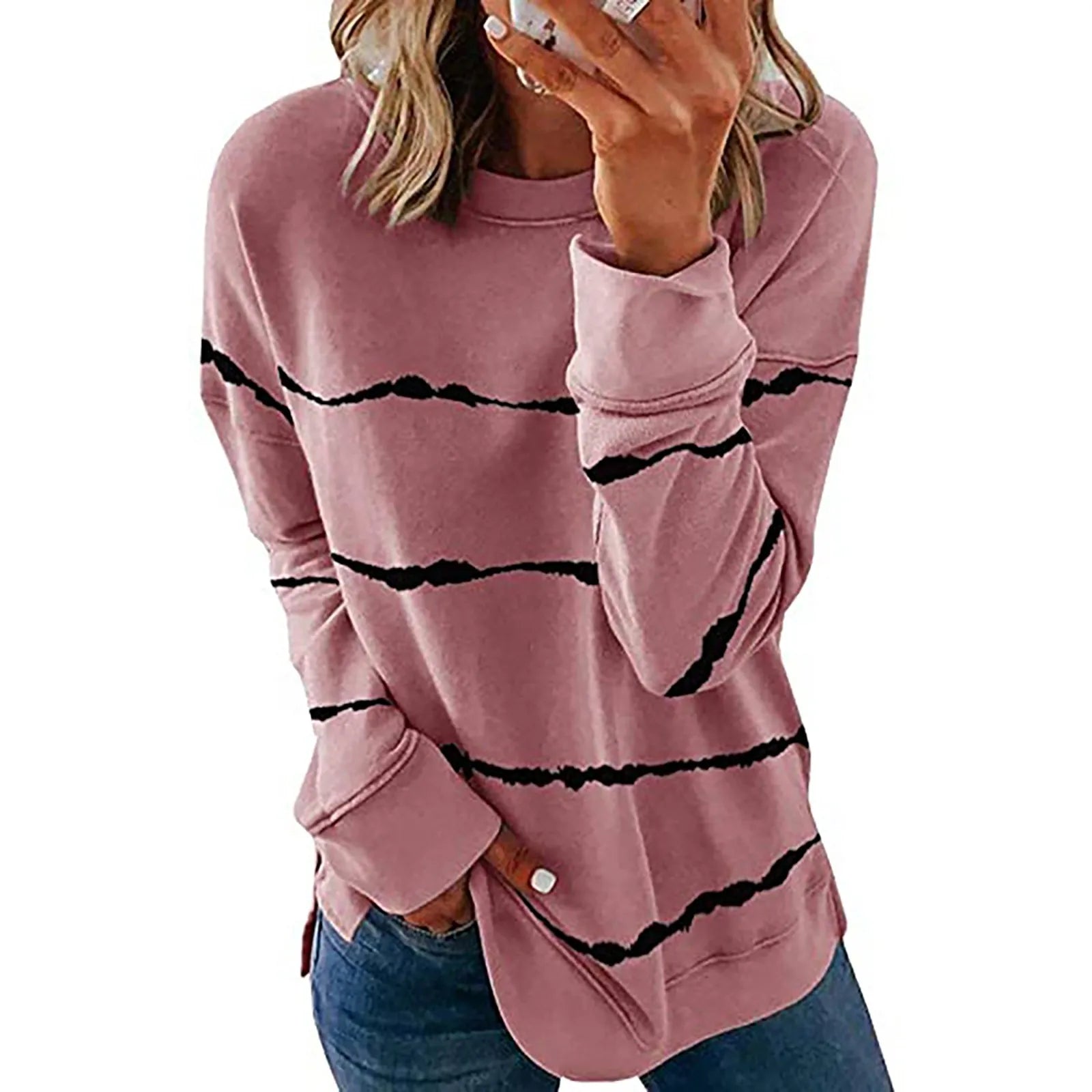 Women's Pullover Jogging top Sweatshirt Fashion Casual Contrast Striped Long Sleeve Top Pullover Sweatshir