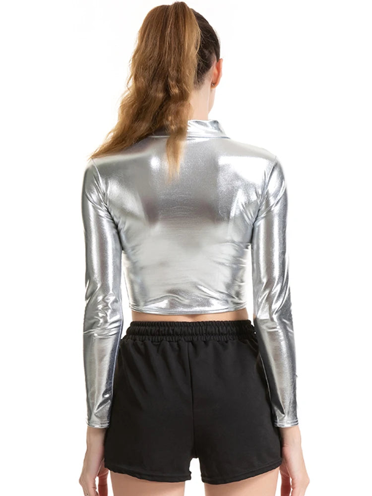 Cropped Top Women Shiny Leather Top High Street Turtleneck Dance Clubwear Long Sleeve Tops Gold Silver Costumes T shirt