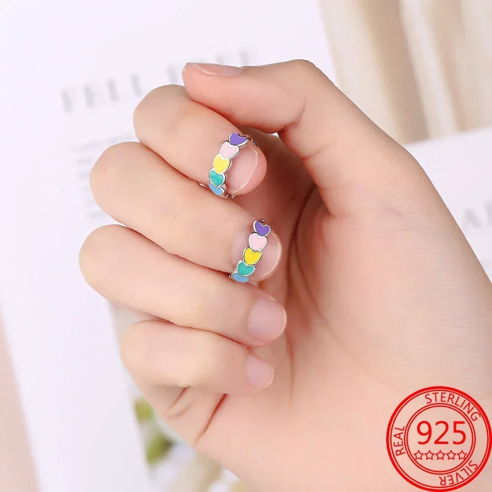 Ot Sale 925 Silver Romantic Heart Shaped Colorful Original Hoop Earrings Rainbow Heart Hoop Earring for Women Jewelry Gift