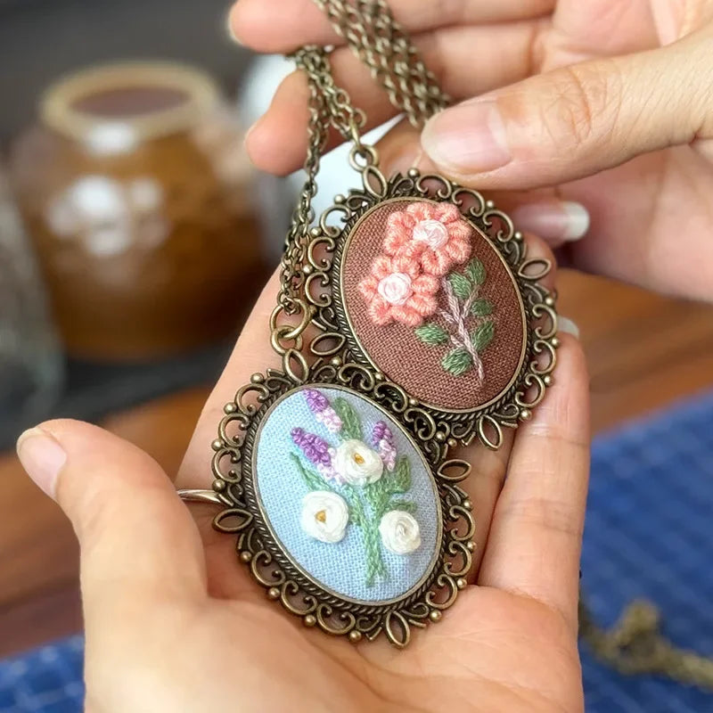 Rose Mini Embroidery Necklace Kit Pendant Kit Mini Cross Stitch Kit with Necklace Pendant Stamped Pattern Cloth DIY Craft