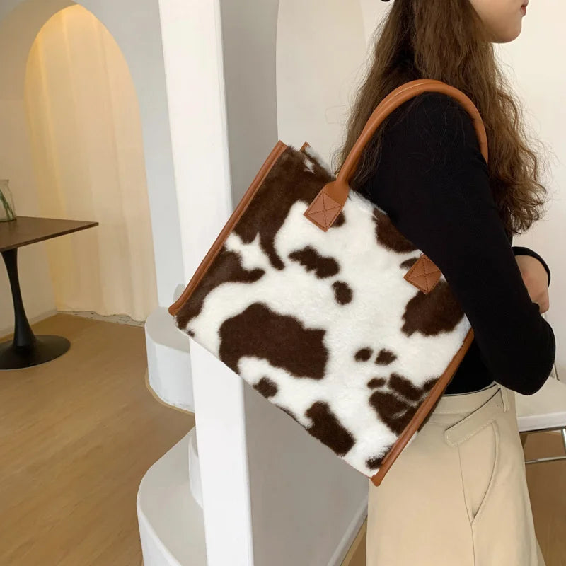 Women Soft Plush Hand Bag New Winter Leopard Cow Print Tote Bags Female Pu Leather Underarm Bags Furry Fluffy Shoulder Bag