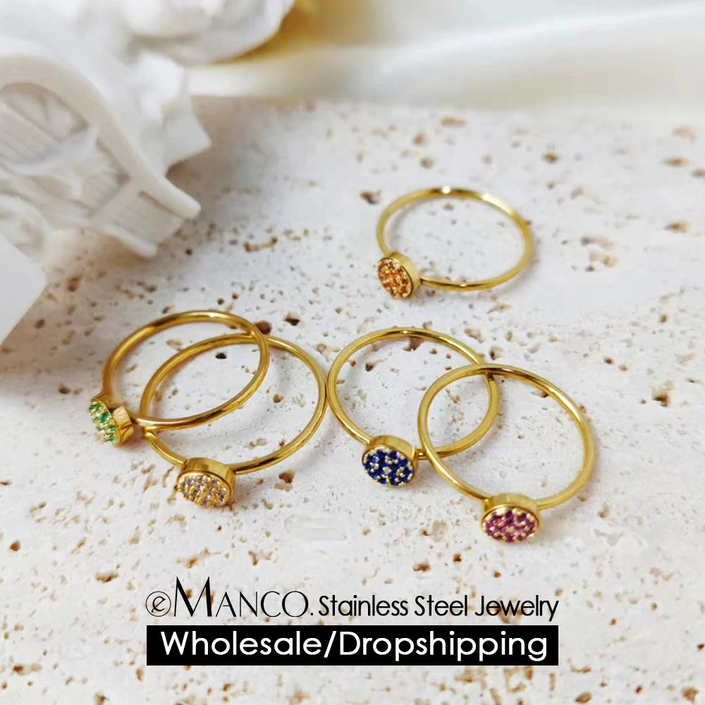 eManco New Zirconia Birthstone Ring 12 Color Stainless Steel Colorful Ring Anniversary Gift
