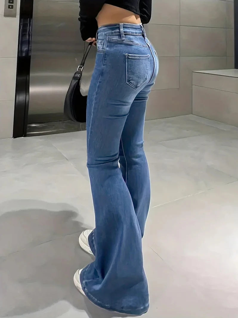 High waist Slimming jeans for ladies boot cut blue black grey button skinny