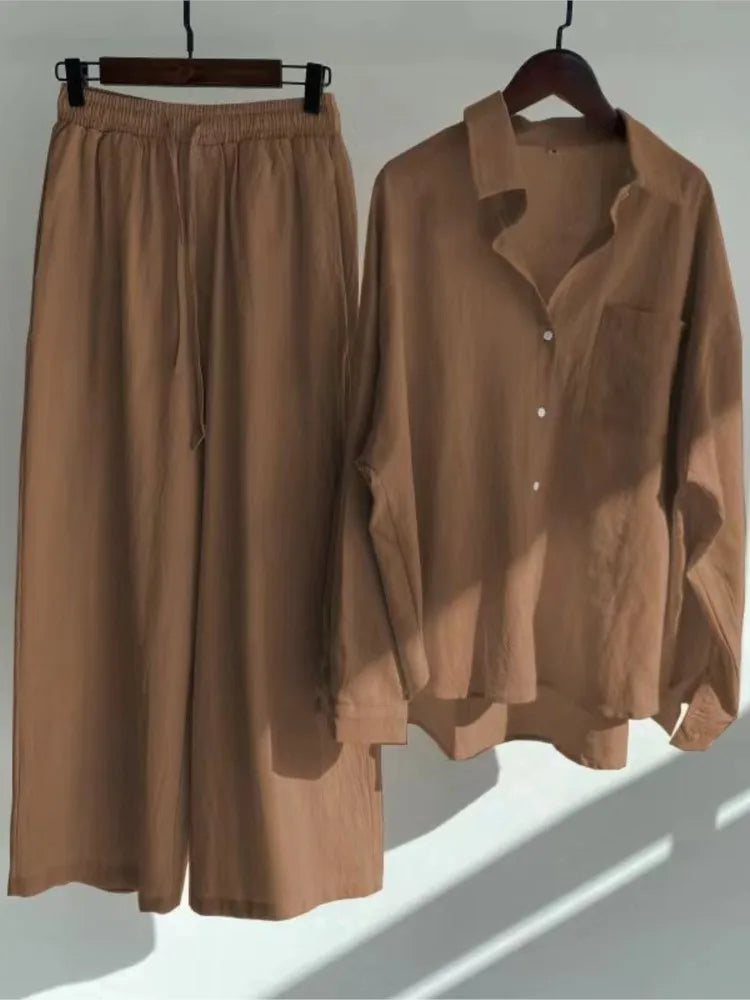 Women's Two Piece Casual Long Sleeve Shirt Women's Suit Fashion Button Casual Female Wide Leg Pants 2 Piece Sets