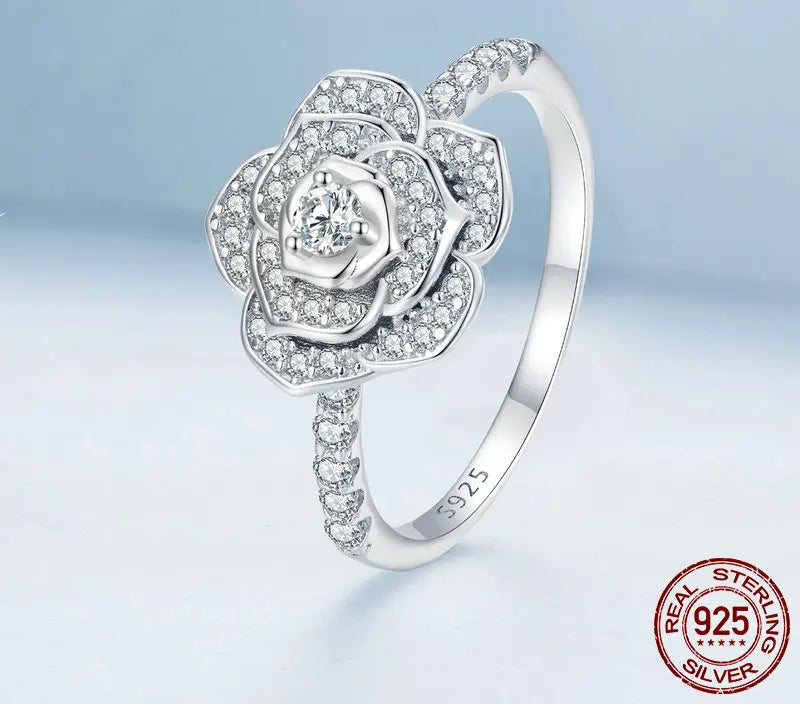Bamoer 925 Sterling Silver Luxury Flower Ring Delicate Clear Rose Ring Pave Setting CZ for Women Fine Jewelry Gift