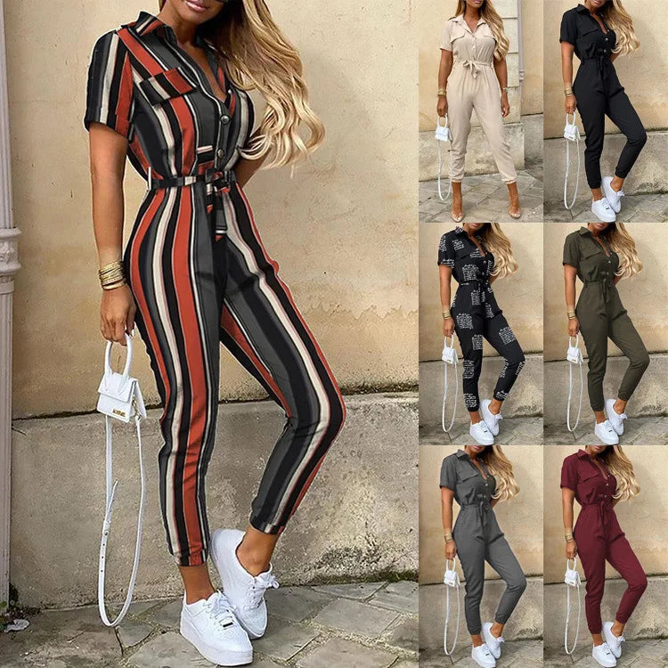 Jumpsuit Spring/Summer Comfortable Casual Flip Collar Printed Belt Work Dress Women's Jumpsuit
