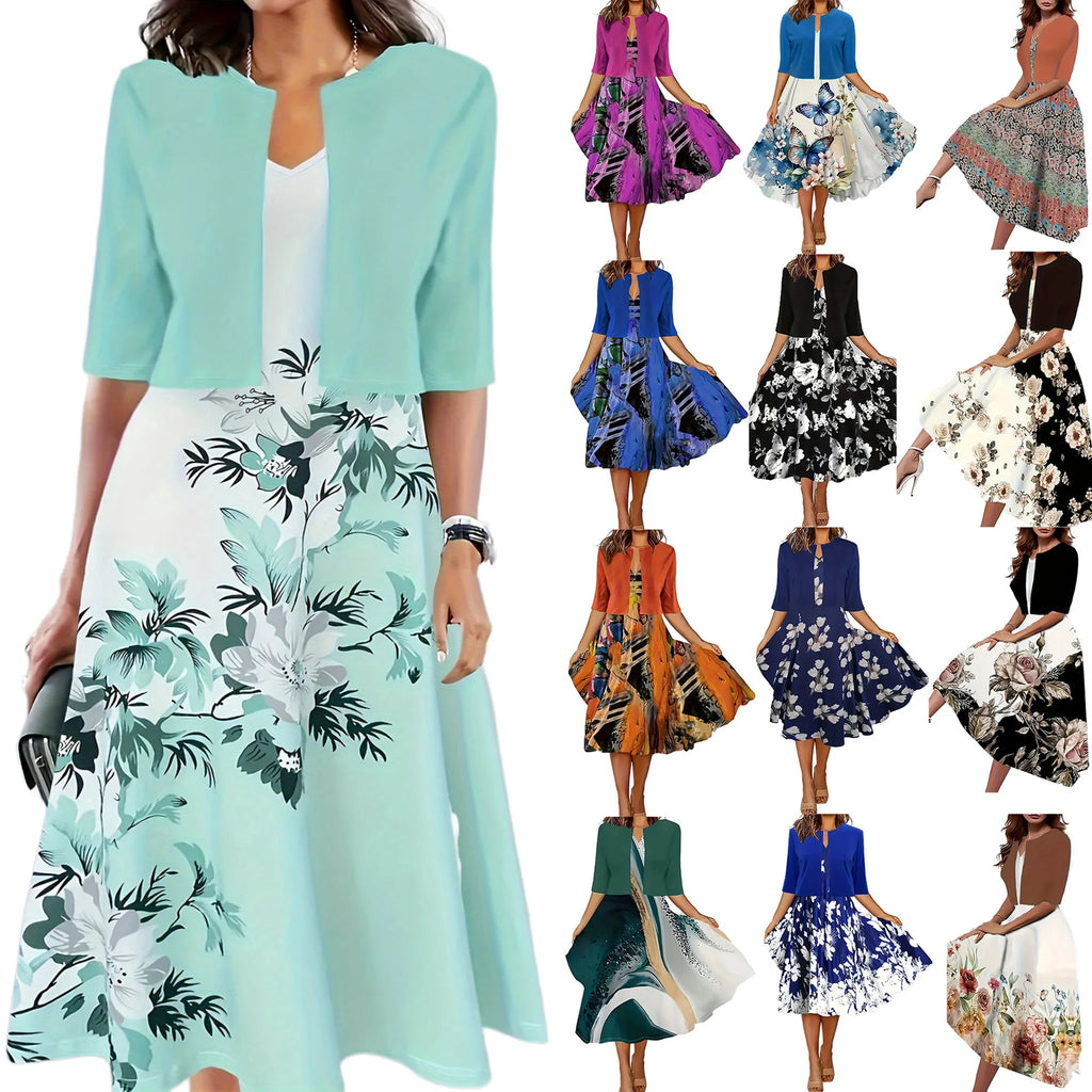 New for summer 2024! Eu-us Fall Women's 2 long Dress Set - floral and grass print crew neck dress with chiffon short coat