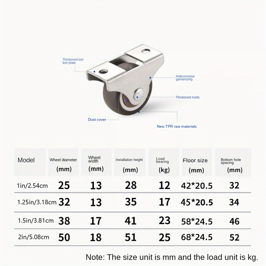 4 Pcs Small Furniture Caster Wheels Low Profile Soft Rubber Rolling Castor Wheels Mini Rigid Silent Caster Wheel for Cart Drawer