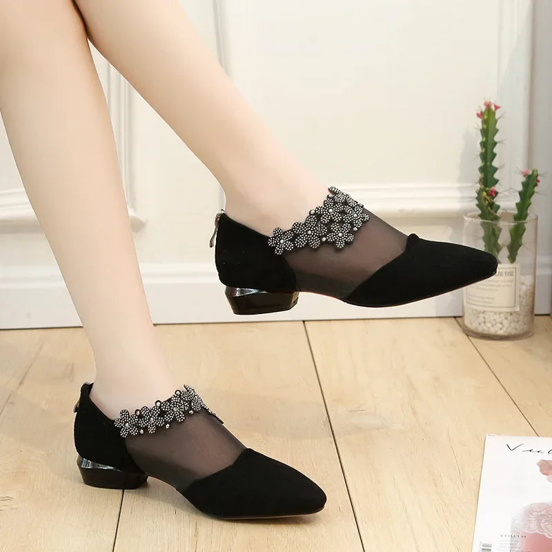 Sandals Fashion mesh net Rhinestone Women Flowers Low Heel Women Mesh Plus Size Sandals Sandalias Mujer