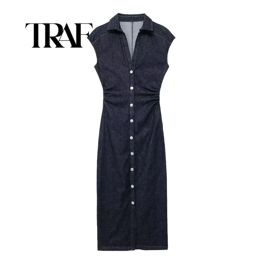 Sleeveless Denim Long Dress Women Bodycon Tank Midi Dress Woman Summer Ruched Button Up Casual Dresses For Lady 2024