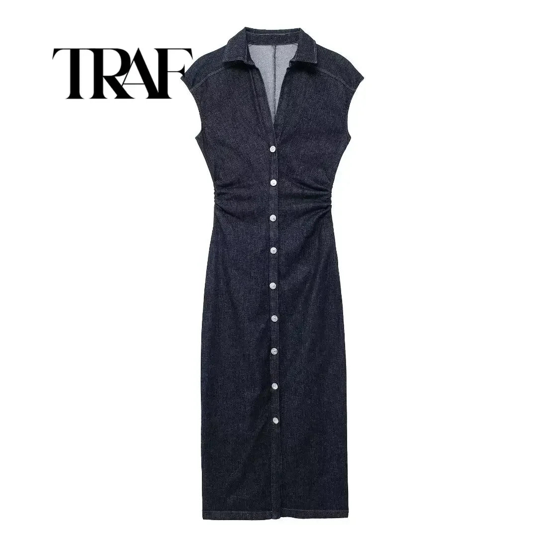 Sleeveless Denim Long Dress Women Bodycon Tank Midi Dress Woman Summer Ruched Button Up Casual Dresses For Lady 2024