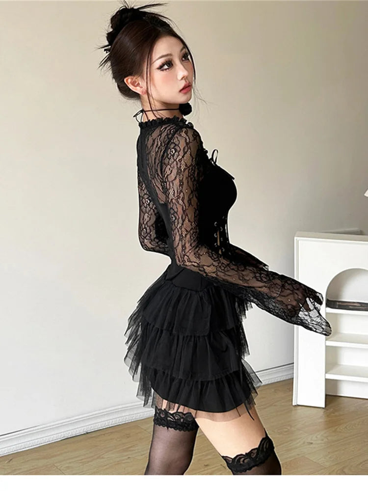 Black Gothic Anime Lolita Mysterious Lace Sexy Mature Beautiful Women Drawstring net Tutu Dress