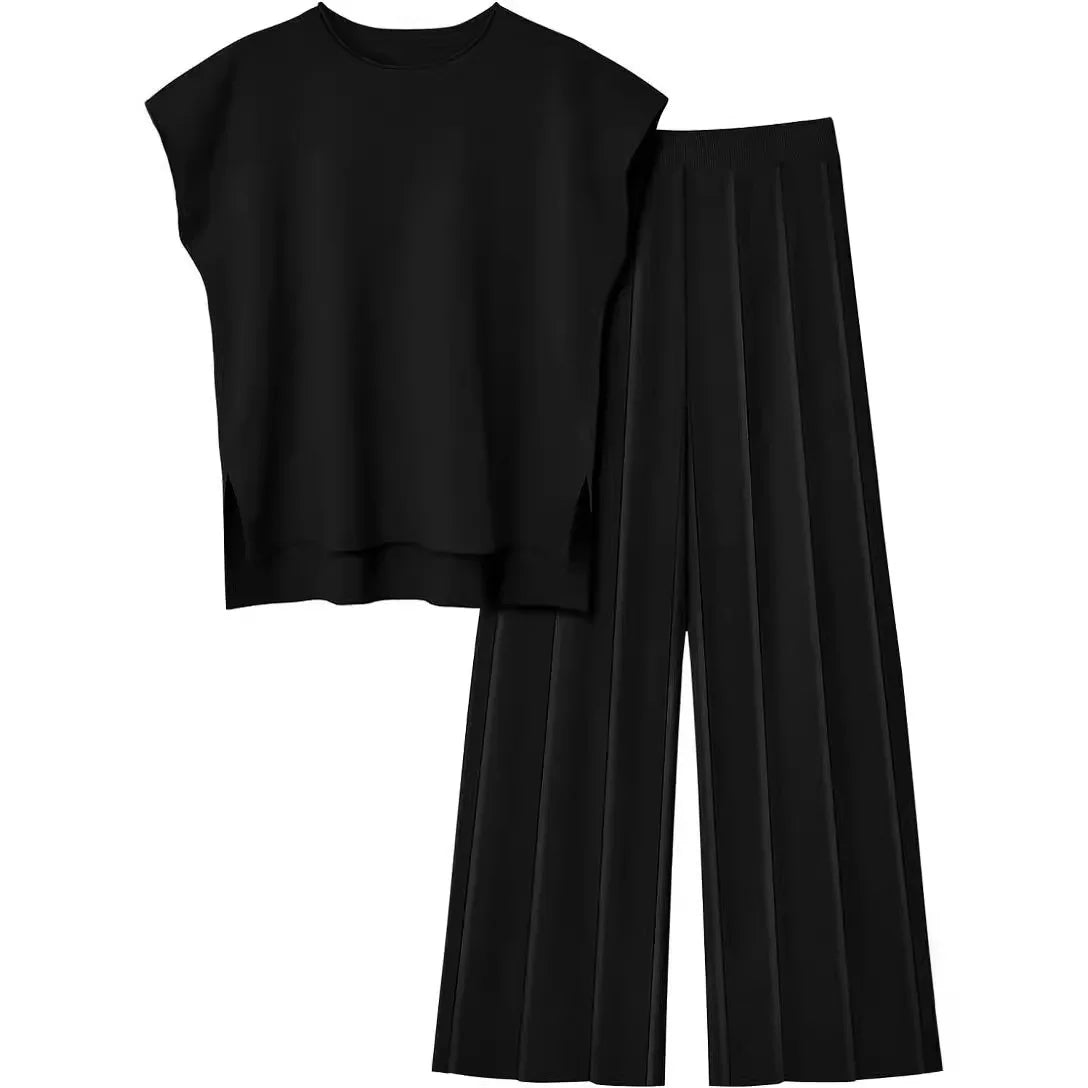 Casual Suit, Elegant Sleeveless Vest Sweater  Wide-leg Pants Two-piece Set Top T shirt