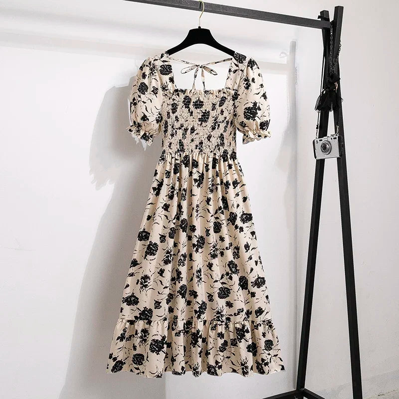 Chiffon Dresses Fashion Female Elastic Waist Short Sleeve Pleated Casual Dress Women A-line Dresses Vestidos