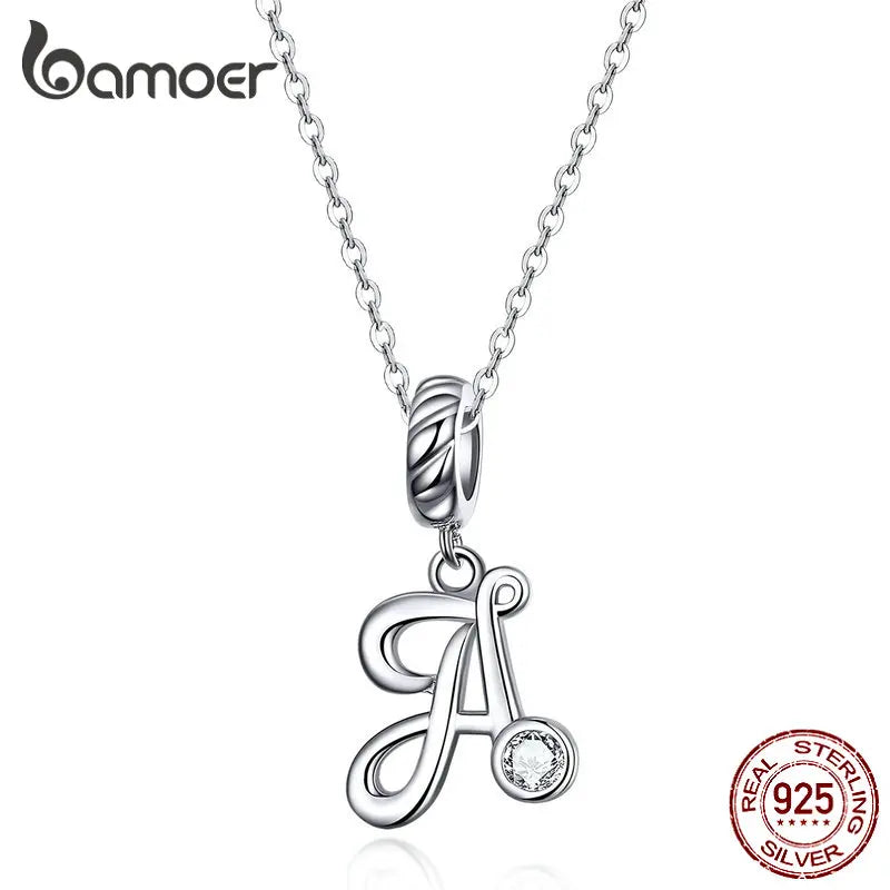 BAMOER 925 Sterling Silver Letter Charm Necklace Vintage A to Z CZ Alphabet Letters Beads Neck Chain Fashion Birthday Jewelry
