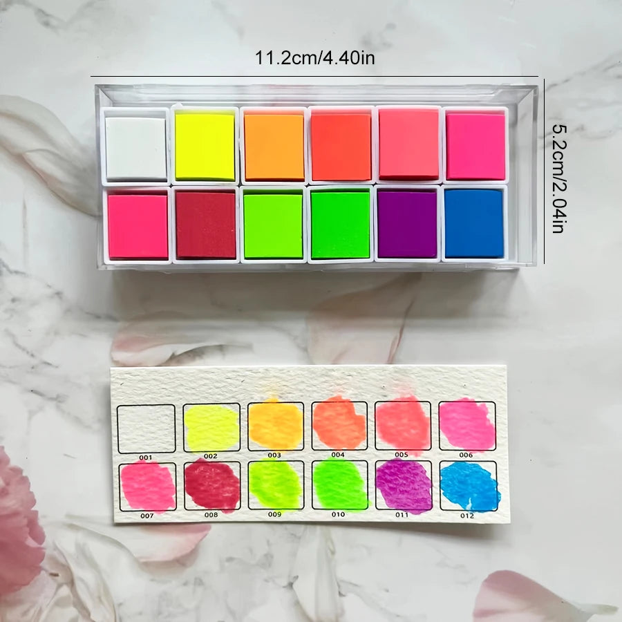 12 Fluorescent color solid watercolor paint Portable neon watercolor pigments Hand-painted Art lovers professional painting tool