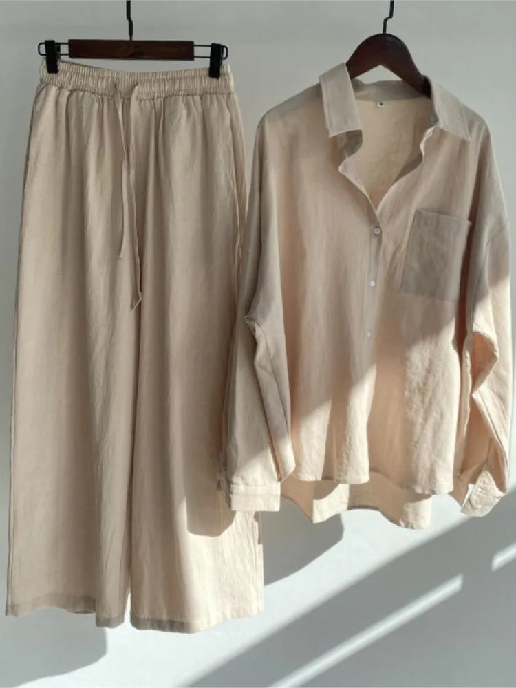 Women's Two Piece Casual Long Sleeve Shirt Women's Suit Fashion Button Casual Female Wide Leg Pants 2 Piece Sets