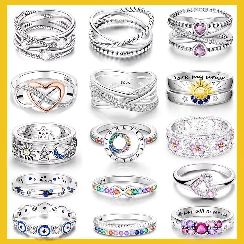925 Sterling Silver Rings For Women Original Wedding Engagement Gifts Stackable Star Moon Heart Flower Ring