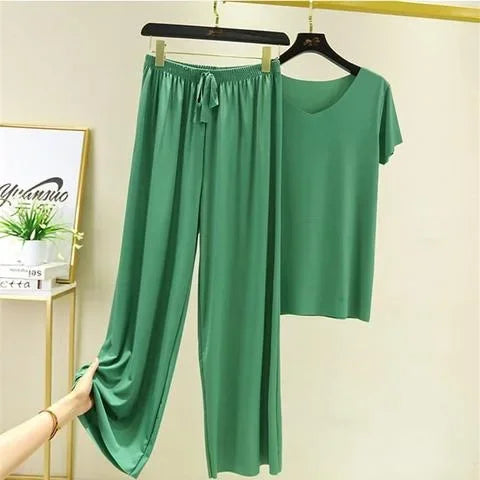 Ice Silk Women's Suit Summer New Sports Casual Bell Bottoms Short Sleeves 2-Piece Set Trendy Stylish