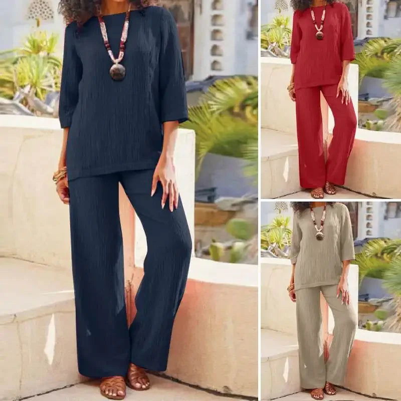 2023 Plus Size Women's Clothing Solid Color Cotton Linen Casual Long Sleeve Loose-Fit Vintage Pants Suit From China