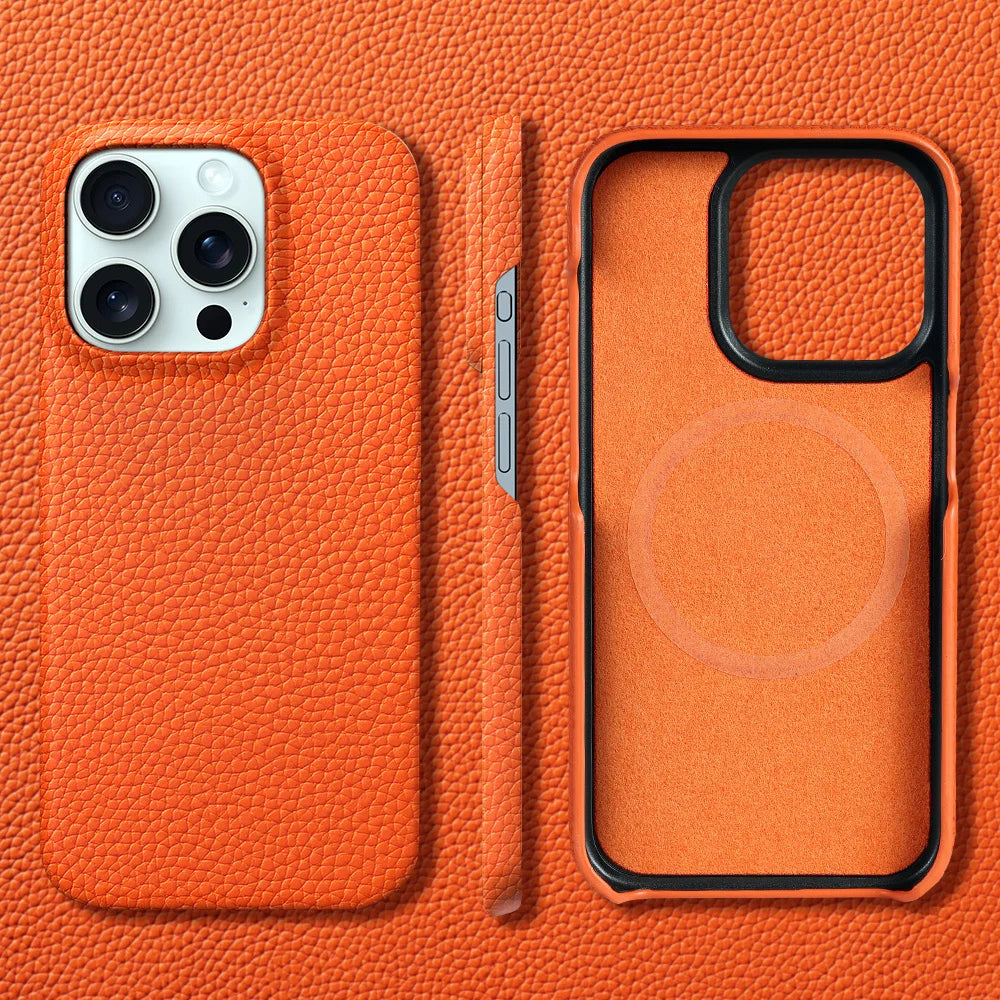 For Magsafe Case for iPhone 15 16 Pro Max Promax 16Pro Natural Cowhide Lychee Leather Magnetic Protector Luxury Phone Back Cover