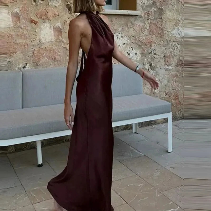Halter Satin Long Dress Women Tied Backless Brown Maxi Midi Dress Summer Off Shoulder Party Dresses Pleated Evening Dress