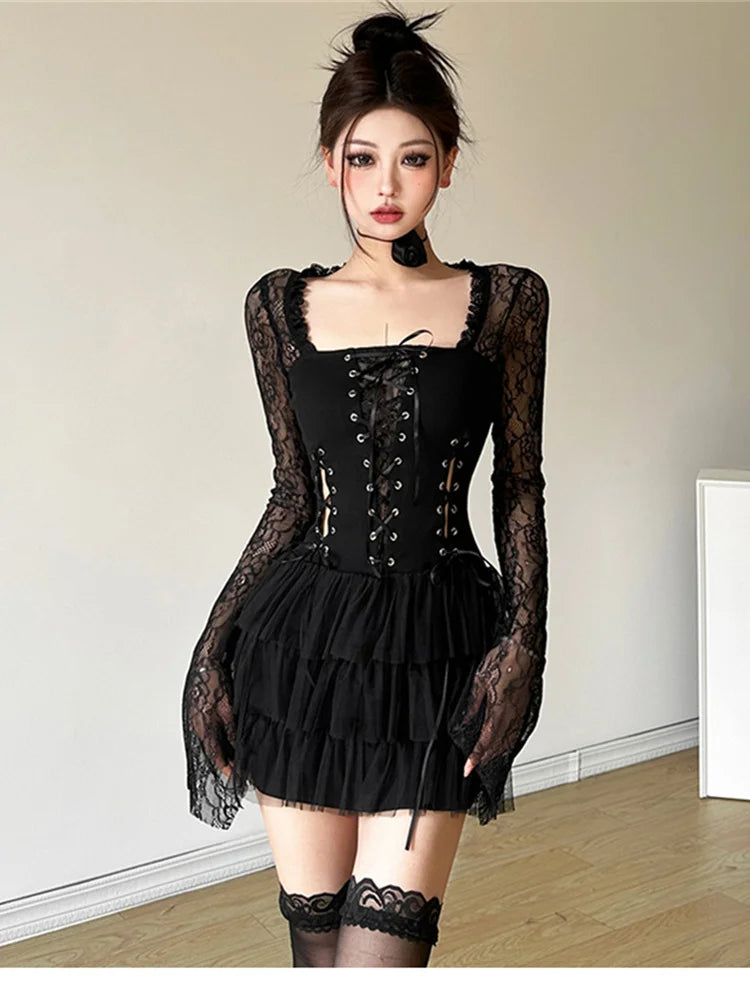 Black Gothic Anime Lolita Mysterious Lace Sexy Mature Beautiful Women Drawstring net Tutu Dress