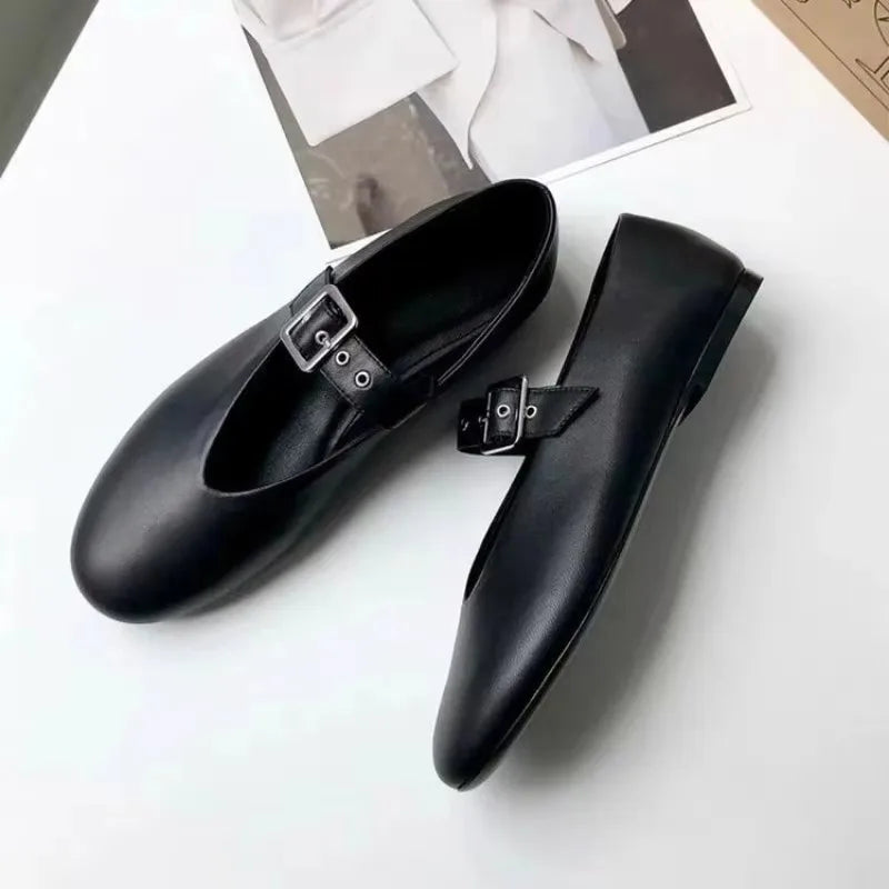 Womens Mary Jane Shoes Black Leather Vintage Flats Woman Fashion Belt Buckle Round Toe Ballet Flat Shoes