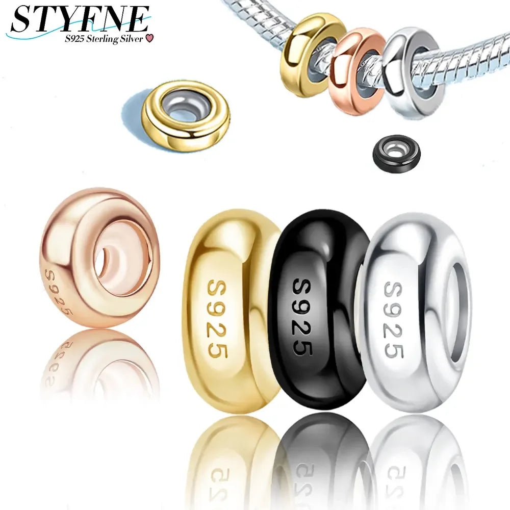 Sterling Silver 925 Four-color Round Simple Silicone Spacer Beads for Women's Original Bracelet Diy High-end Jewelry Gift
