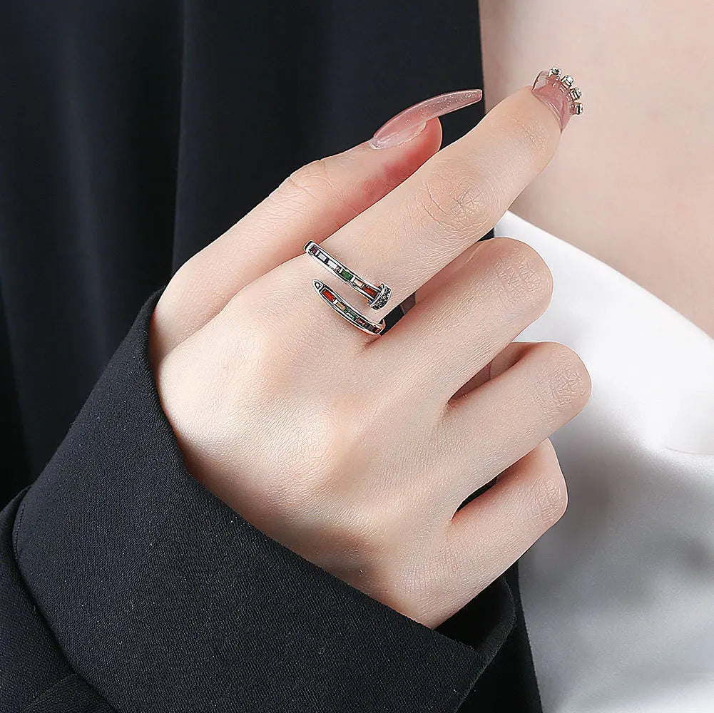 Elegant Nail Design Shiny Colorful Crystal Retro Thai Silver Female Party Ring Promotion Jewelry For Women Gifts No Fade