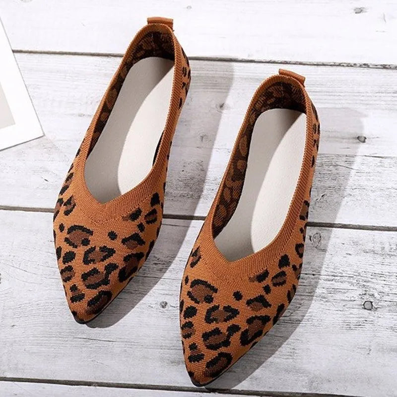Elegant Ballet Flats Loafer Woman Point Toe Mesh Moccasins Ladies Big Size Leopard Loafers Soft Driving Shoes