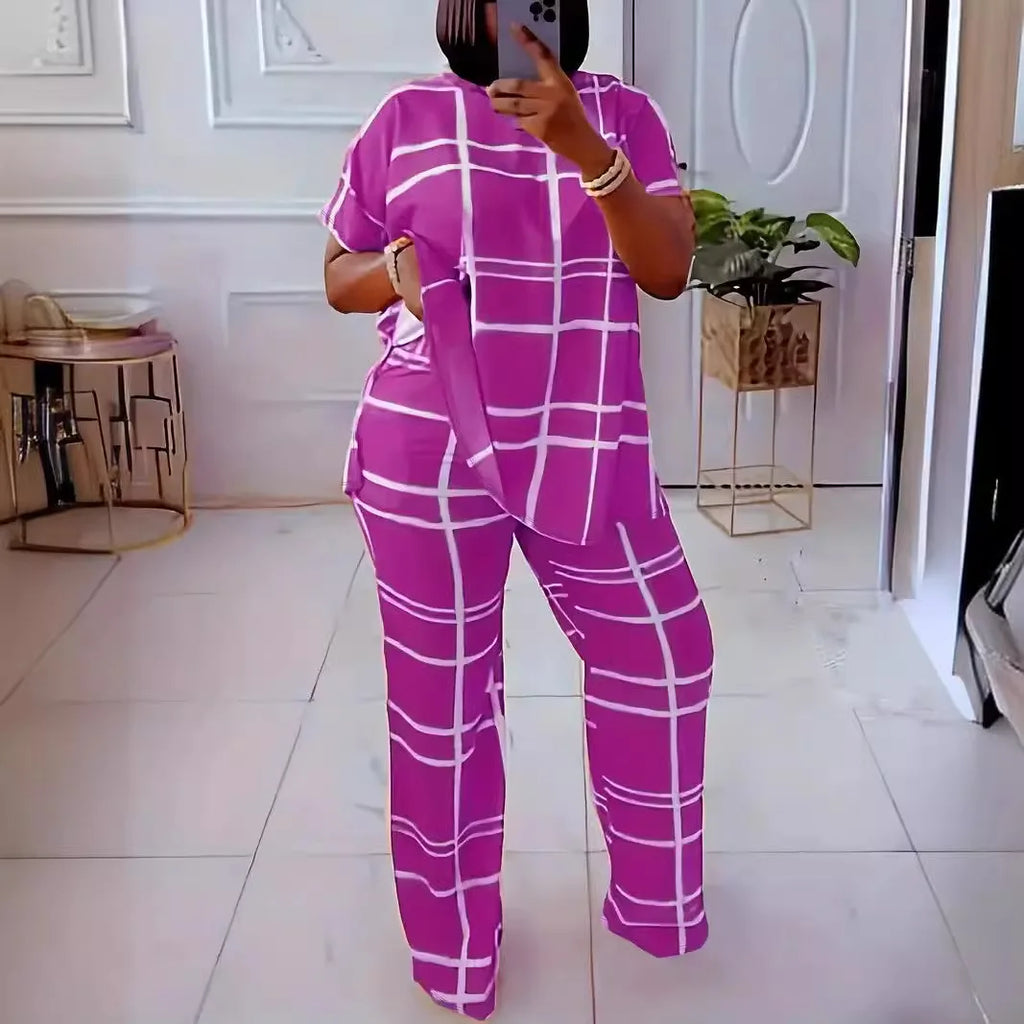 Short Sleeve 2 Piece Women Sets Matching Sets Stripe Print Two Pieces Sets Top Pants Suits Outfits Clothing