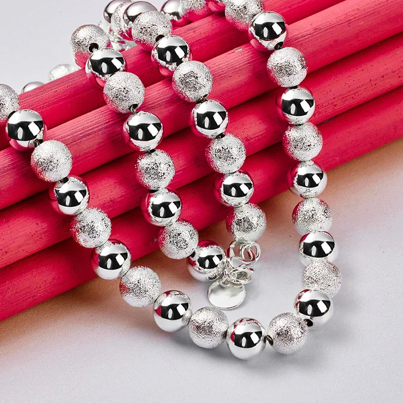 925 Sterling Silver 45cm Smooth Frosted Ball 8mm Beads Chain Necklace For Women Birthday Gift Wedding Party Fashion Jewelry
