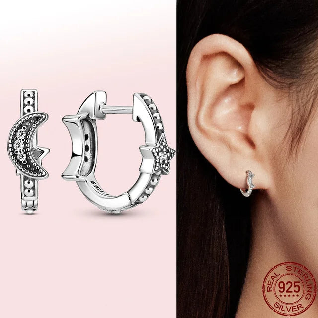 925 Sterling Silver Earring Set Sun Moon Star Wing Dragon Design Zircon Inlaid Hypoallergenic Hoop Stud Earrings for Women