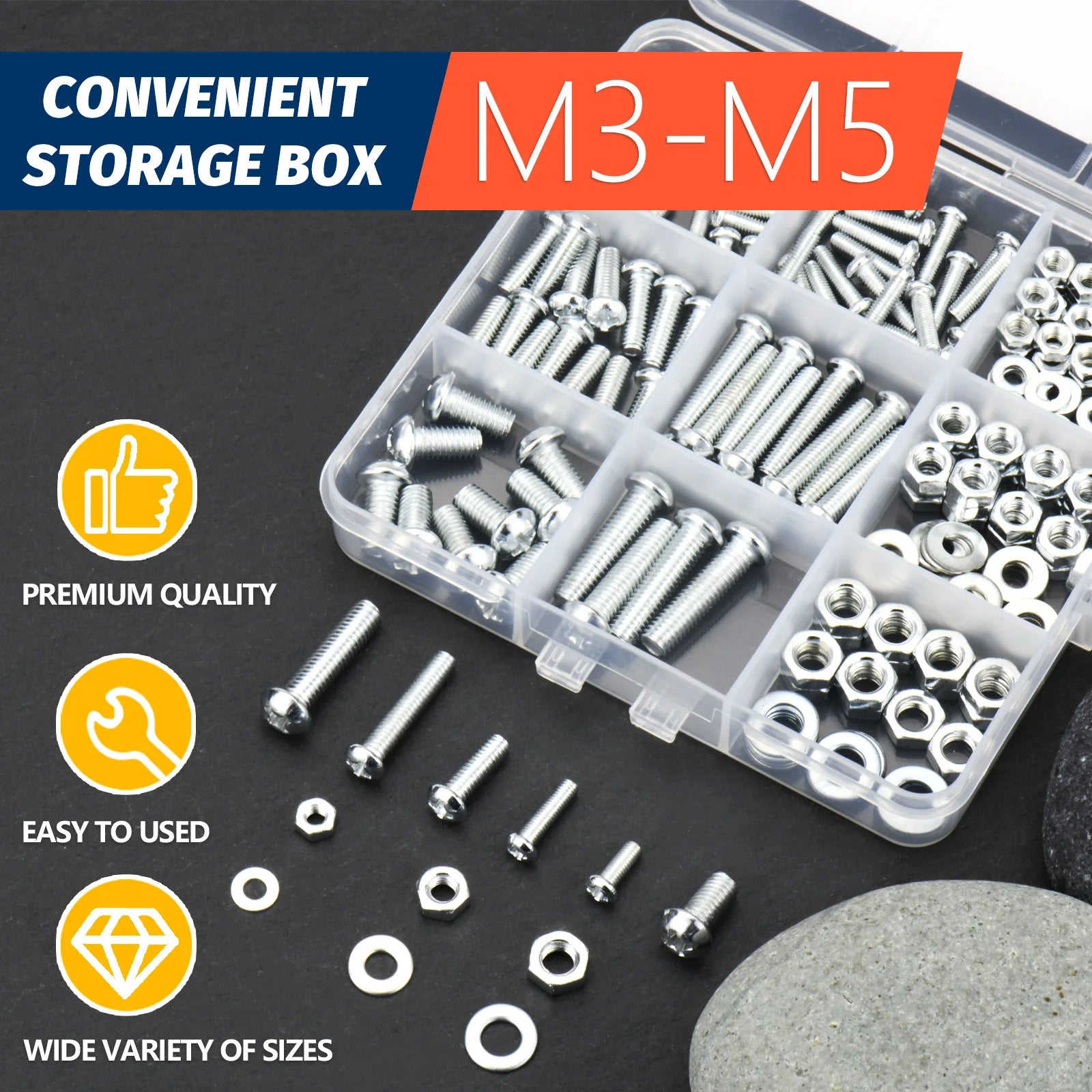 240Pcs Screws Bolts and Nuts Assortment Kit, Metric Machine Screws and Nuts and Bolts and Flat Washers, M3 M4 M5 Pan Head Sets