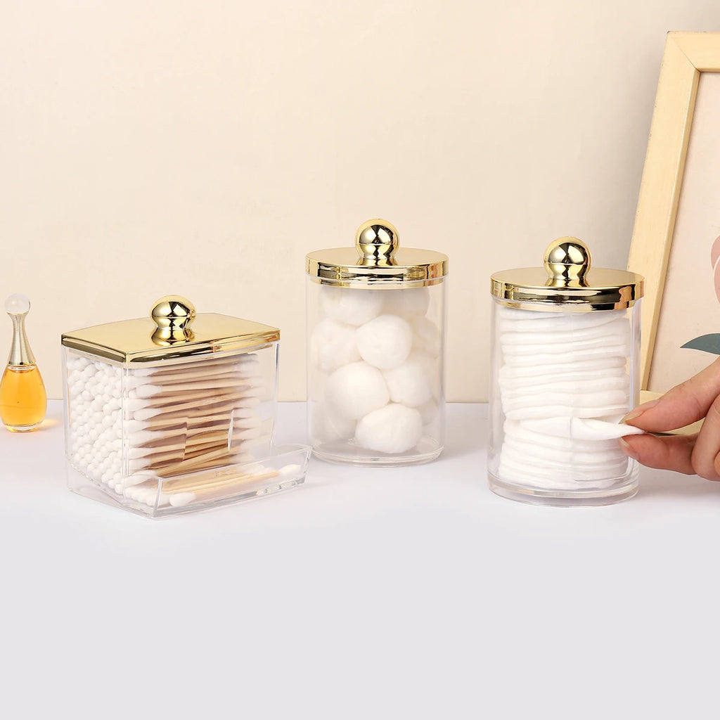 1/3 pcs Dispenser Bathroom Container with Golden Lid , 10 oz Cotton Ball Holder, Clear Plastic Apothecary Jar Organizer