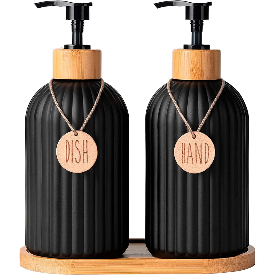 Kitchen Black Dish Soap Dispenser Bottle Set with Tags Counter-top Hands Soap & Dish Soap Storage Container for Home Decor