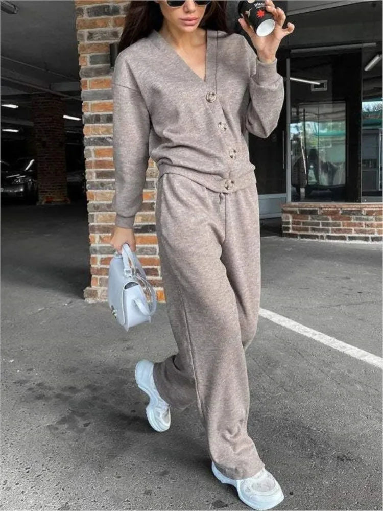 Single Breasted Casual Sports Suit Cardigan Top Lace Up Pants Two-piece Set Women