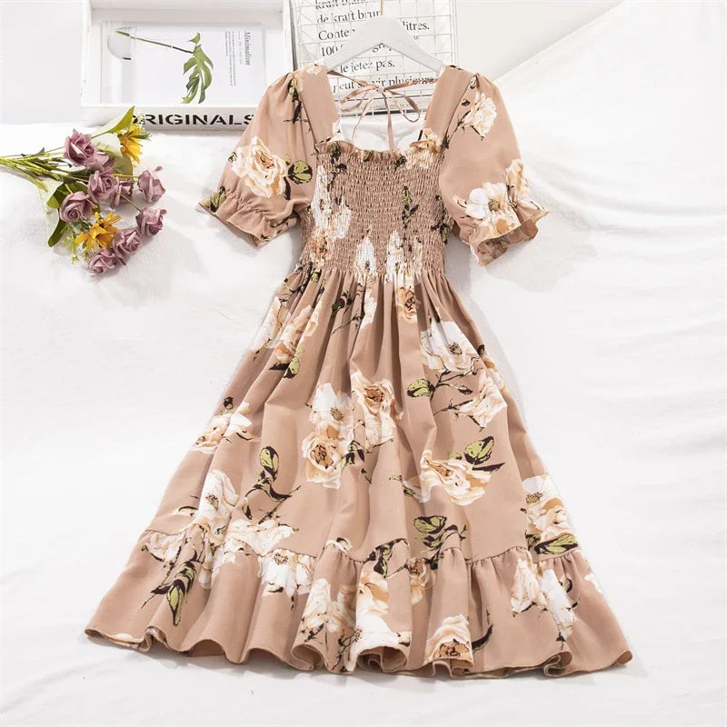Chiffon Dresses Fashion Female Elastic Waist Short Sleeve Pleated Casual Dress Women A-line Dresses Vestidos