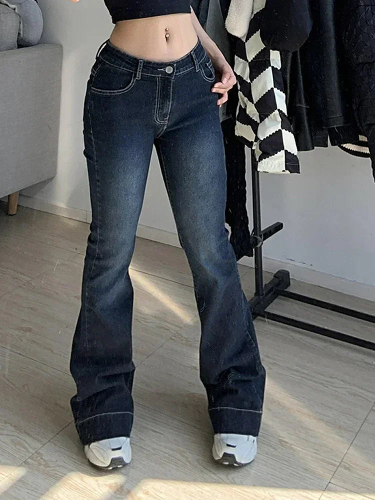 Low Rise Jeans Blue Women Pants Bootcut  Pockets Jeans Streetwear Low Waist Jeans Wide Leg Pants
