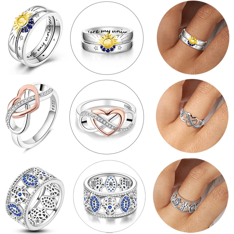925 Sterling Silver Rings For Women Original Wedding Engagement Gifts Stackable Star Moon Heart Flower Ring