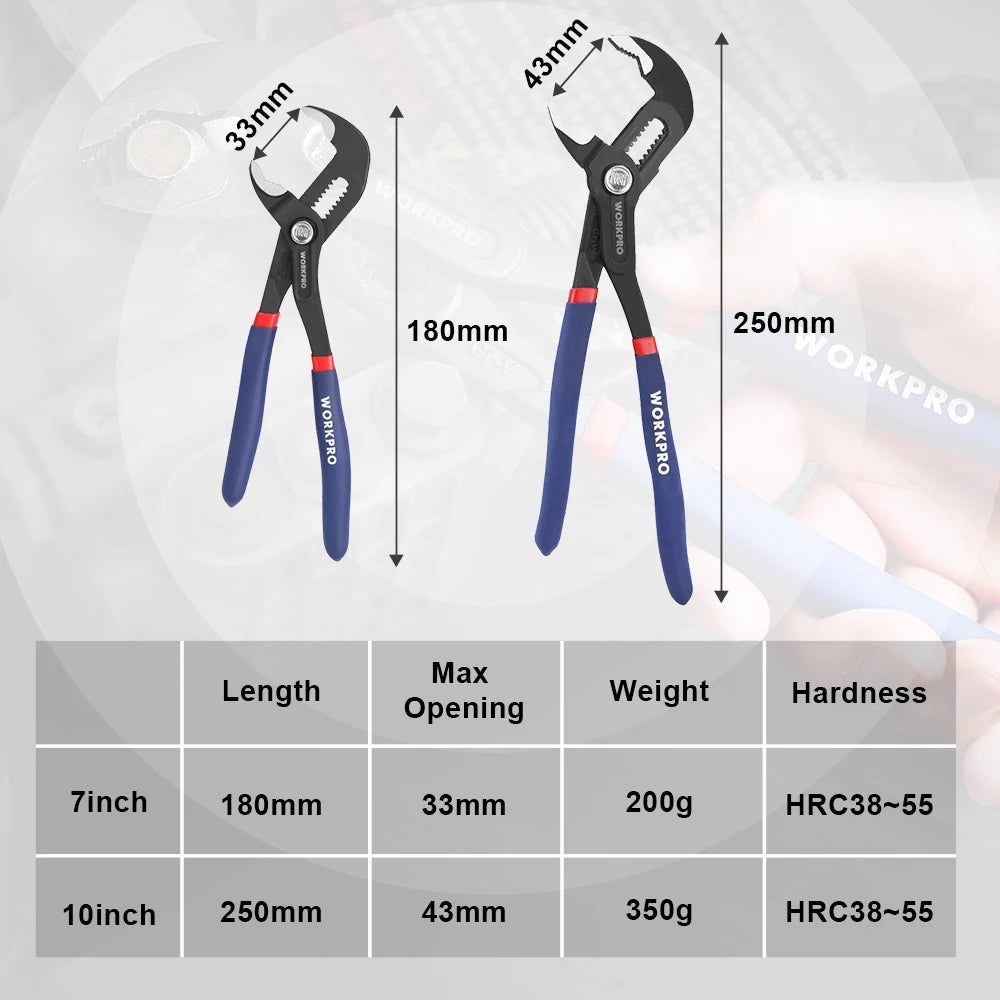 WORKPRO 2PC Water Pump Pliers 7"&10" Adjustable Quick Adjusting Curved Jaw Groove Joint Pliers Non-Slip Comfort Handle