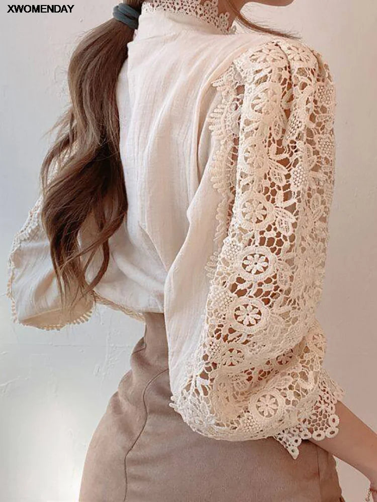 Women Chiffon lace Button Turtleneck Shirt Chic Elegant Floral Fluffy Long Sleeve Top Fashion Hollow Oversize White Blouse 2024