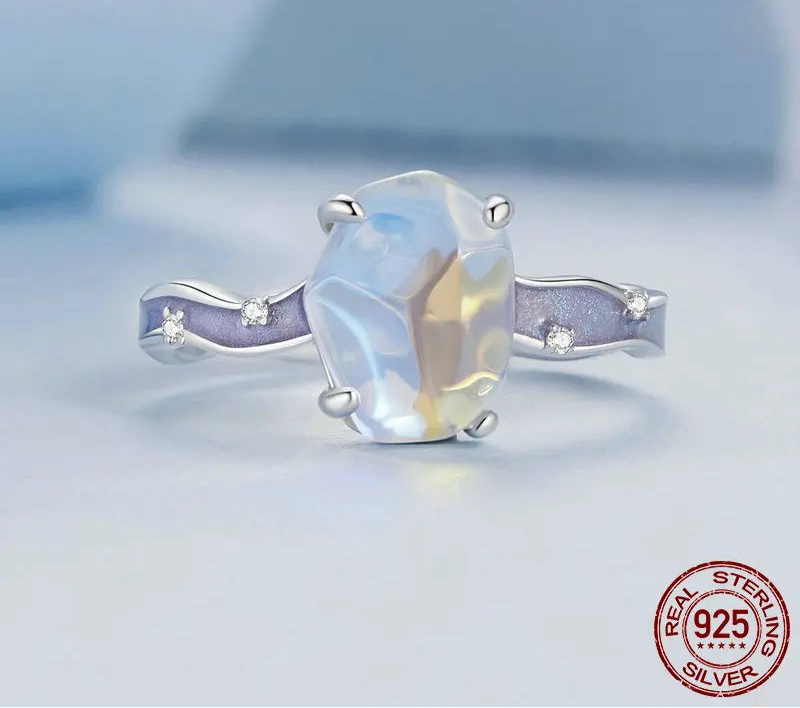 Bamoer Solid 925 Sterling Silver Purple Stone Aurora Ring Wave Band Ring for Women Party Fine Jewelry Gift